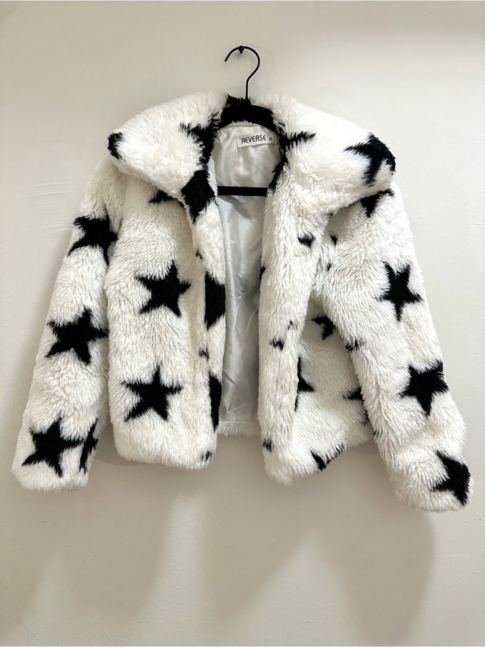REVERSE White Faux Fur Jacket with Black Stars